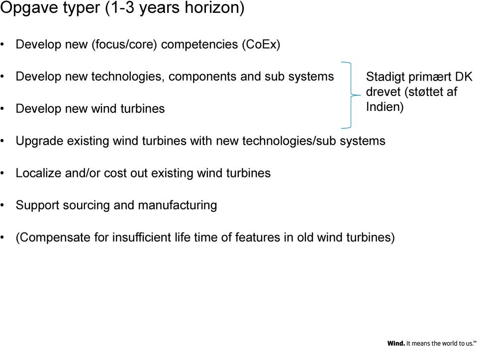 Upgrade existing wind turbines with new technologies/sub systems Localize and/or cost out existing wind