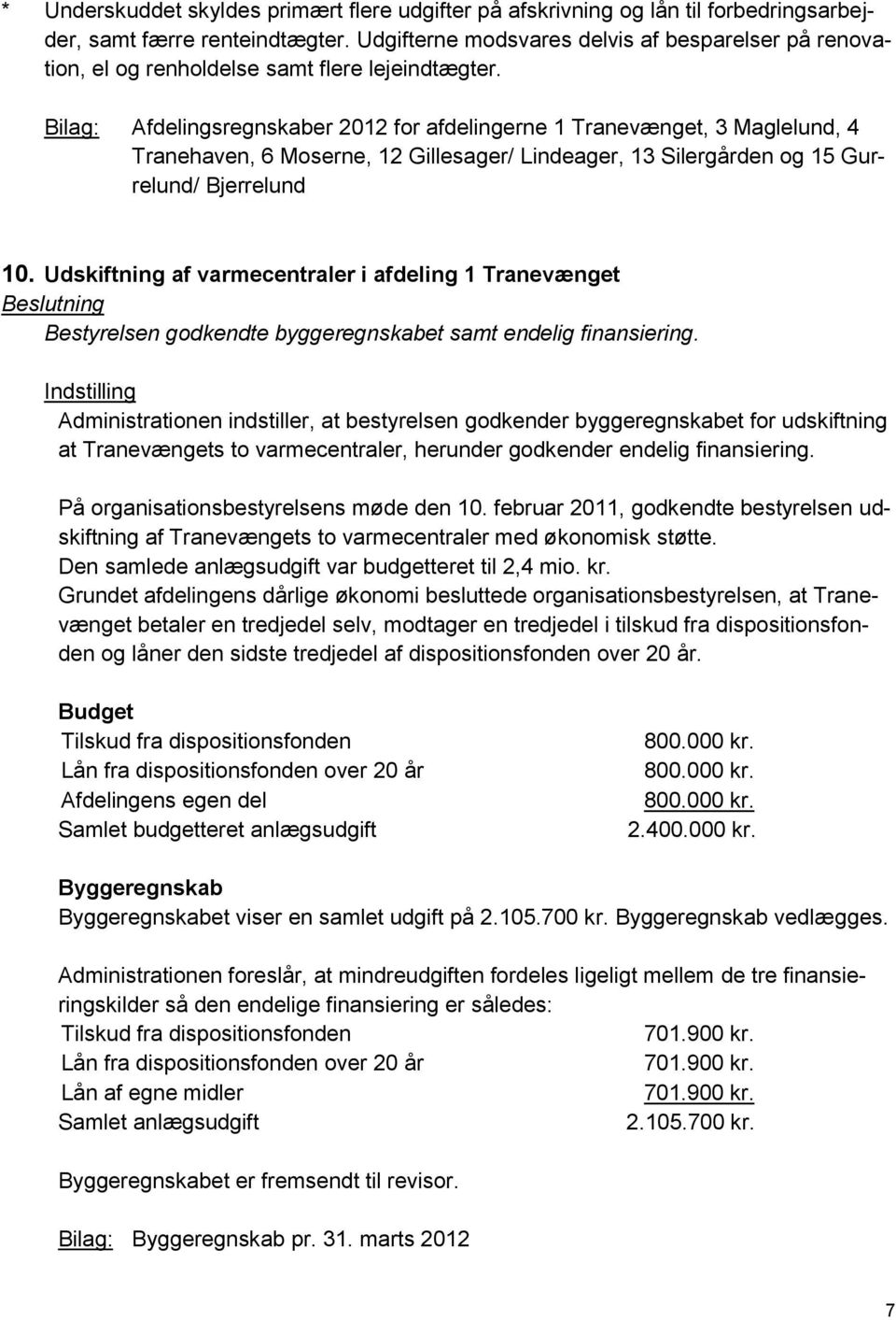 Bilag: Afdelingsregnskaber 2012 for afdelingerne 1 Tranevænget, 3 Maglelund, 4 Tranehaven, 6 Moserne, 12 Gillesager/ Lindeager, 13 Silergården og 15 Gurrelund/ Bjerrelund 10.