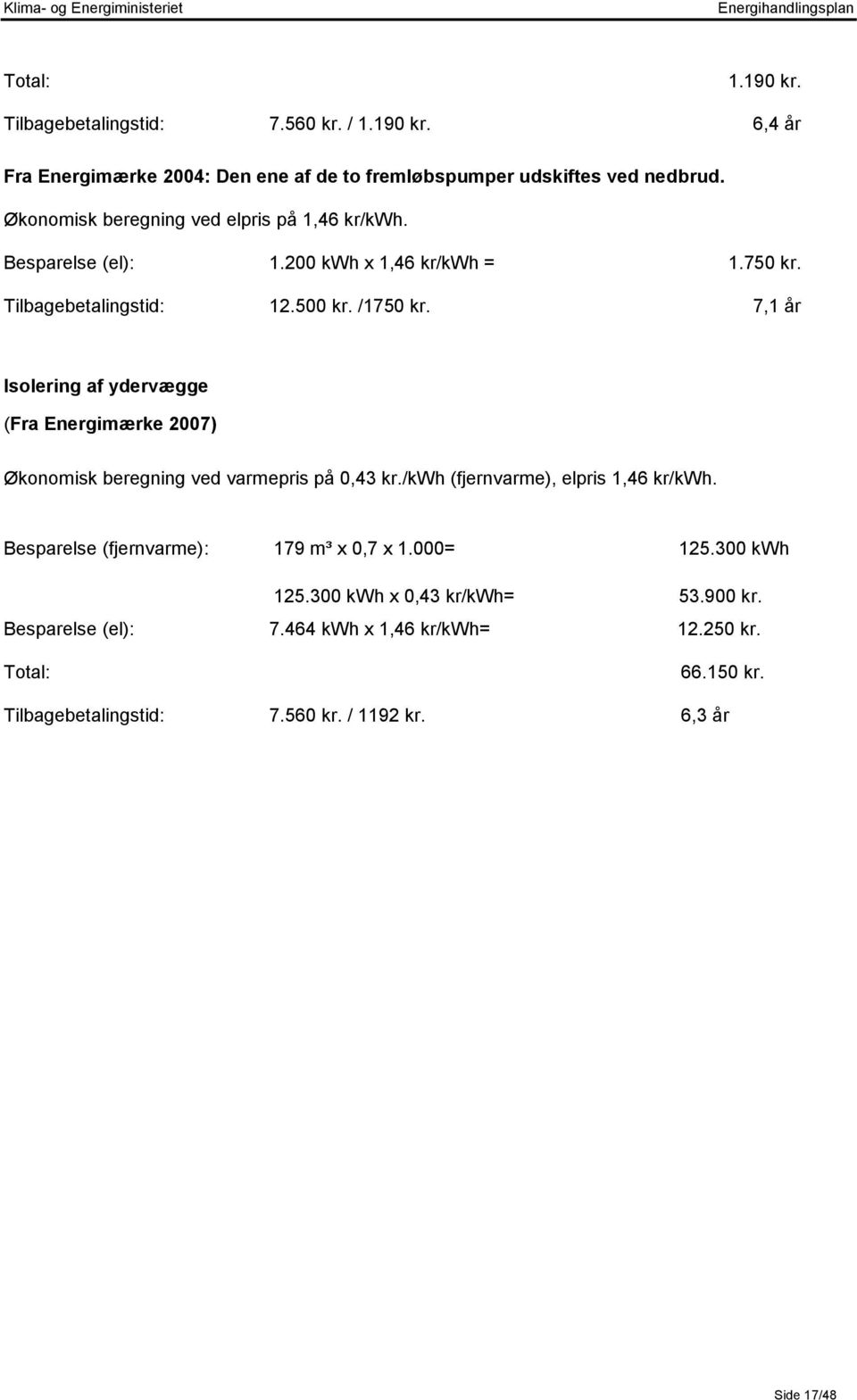 7,1 år Isolering af ydervægge (Fra Energimærke 2007) Økonomisk beregning ved varmepris på 0,43 kr./kwh (fjernvarme), elpris 1,46 kr/kwh.