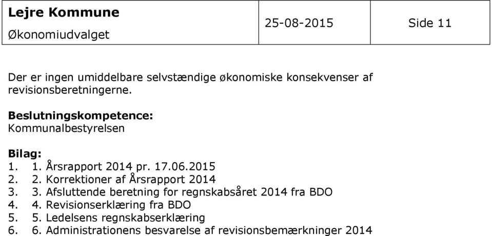 2015 2. 2. Korrektioner af Årsrapport 2014 3. 3. Afsluttende beretning for regnskabsåret 2014 fra BDO 4.