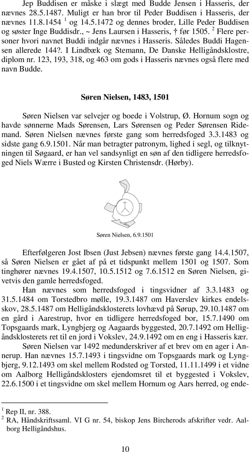 123, 193, 318, og 463 om gods i Hasseris nævnes også flere med navn Budde. Søren Nielsen, 1483, 1501 Søren Nielsen var selvejer og boede i Volstrup, Ø.