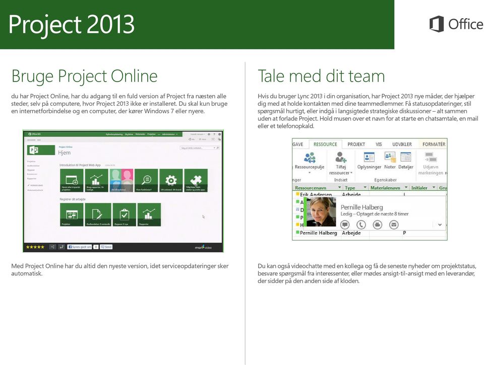 Tale med dit team Hvis du bruger Lync 2013 i din organisation, har Project 2013 nye måder, der hjælper dig med at holde kontakten med dine teammedlemmer.