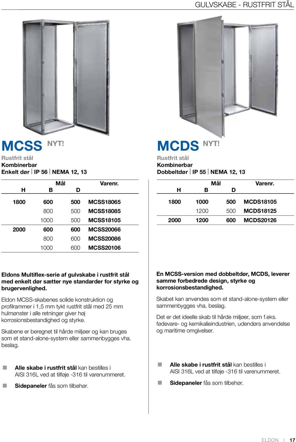 MCDS18105 1200 500 MCDS18125 2000 1200 600 MCDS20126 Eldons Multiflex-serie af gulvskabe i rustfrit stål med enkelt dør sætter nye standarder for styrke og brugervenlighed.