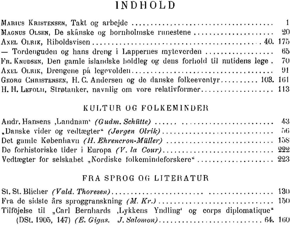 C.Andersen og de danske folkeeventyr 103. 101 H. H. LEFOLII, Strøtanker, navnlig om vore relativformer 113 KULTUR OG FOLKEMINDER Andr. Hansens.Landnam' (Gudm.