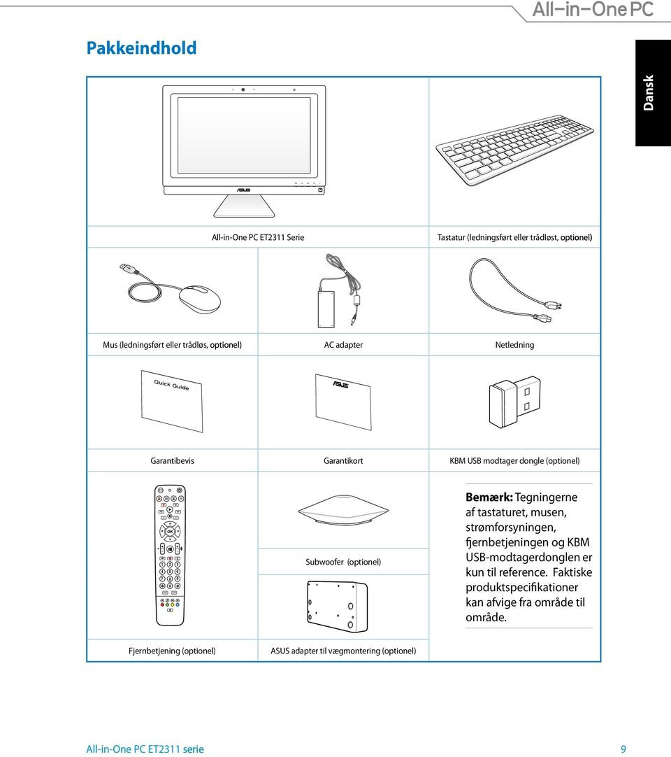Subwoofer (optionel) Bemærk: Tegningerne af tastaturet, musen, strømforsyningen, fjernbetjeningen og KBM USB-modtagerdonglen er kun til reference.