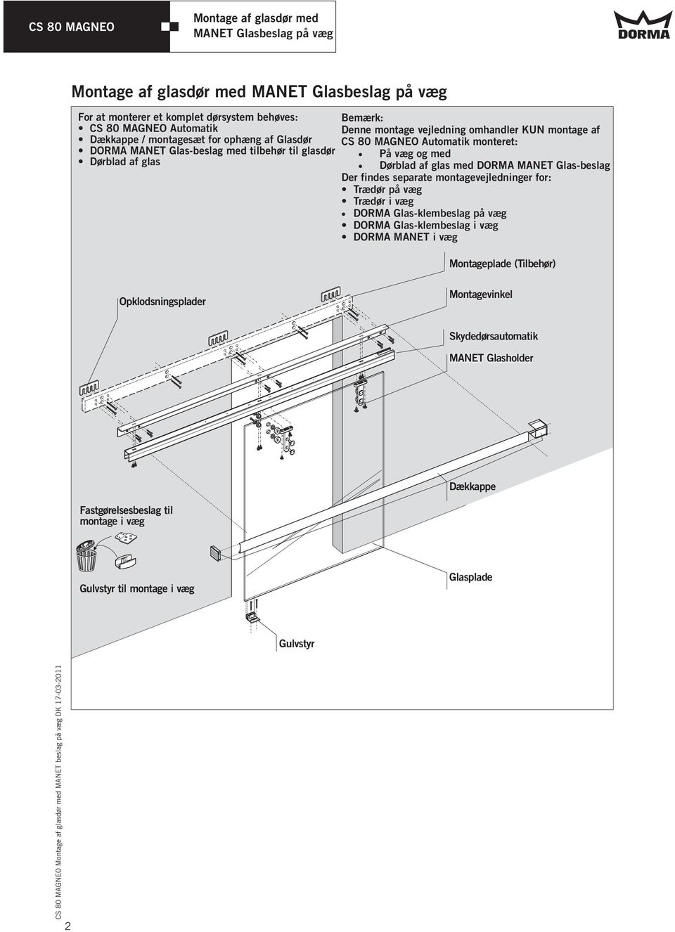 Der findes separate montagevejledninger for: Trædør på væg Trædør i væg DORMA Glas-klembeslag på væg DORMA Glas-klembeslag i væg DORMA MANET i væg Montageplade (Tilbehør)