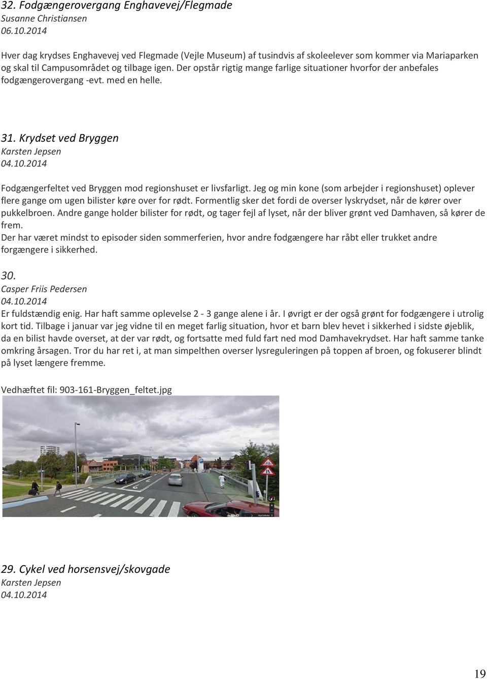 Der opstår rigtig mange farlige situationer hvorfor der anbefales fodgængerovergang -evt. med en helle. 31. Krydset ved Bryggen Karsten Jepsen 04.10.