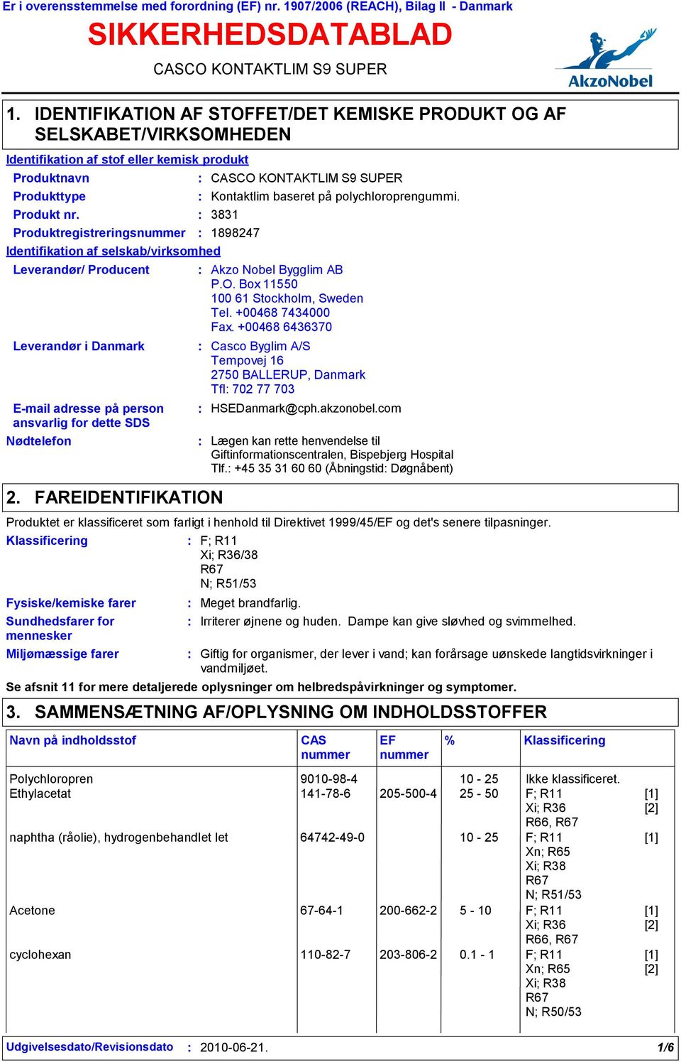 3831 Produktregistreringsnummer 1898247 Identifikation af selskab/virksomhed Leverandør/ Producent Leverandør i Danmark E-mail adresse på person ansvarlig for dette SDS Nødtelefon 2.