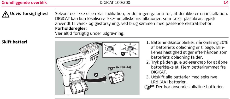 Forholdsregler: Vær altid forsigtig under udgravning. Skift batteri 1. Batteriindikator blinker, når omkring 20% af batteriets opladning er tilbage.