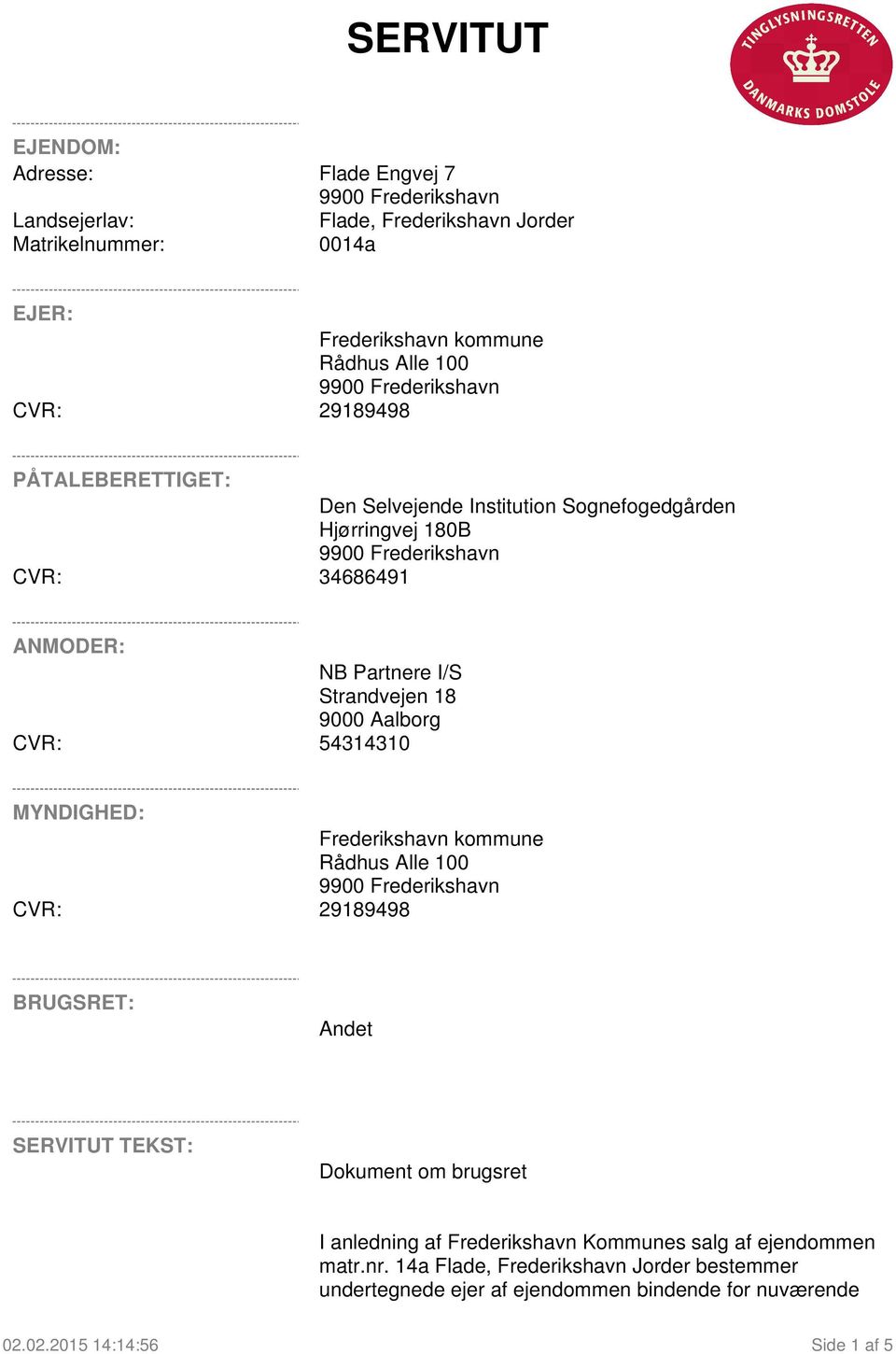 CVR: 54314310 MYNDIGHED: Frederikshavn kommune Rådhus Alle 100 CVR: 29189498 BRUGSRET: Andet SERVITUT TEKST: Dokument om brugsret I anledning af Frederikshavn