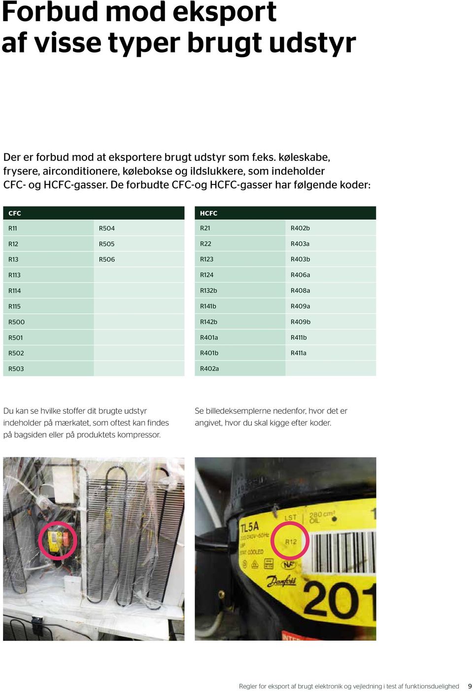 R409b R501 R401a R411b R502 R401b R411a R503 R402a Du kan se hvilke stoffer dit brugte udstyr indeholder på mærkatet, som oftest kan findes på bagsiden eller på produktets kompressor.