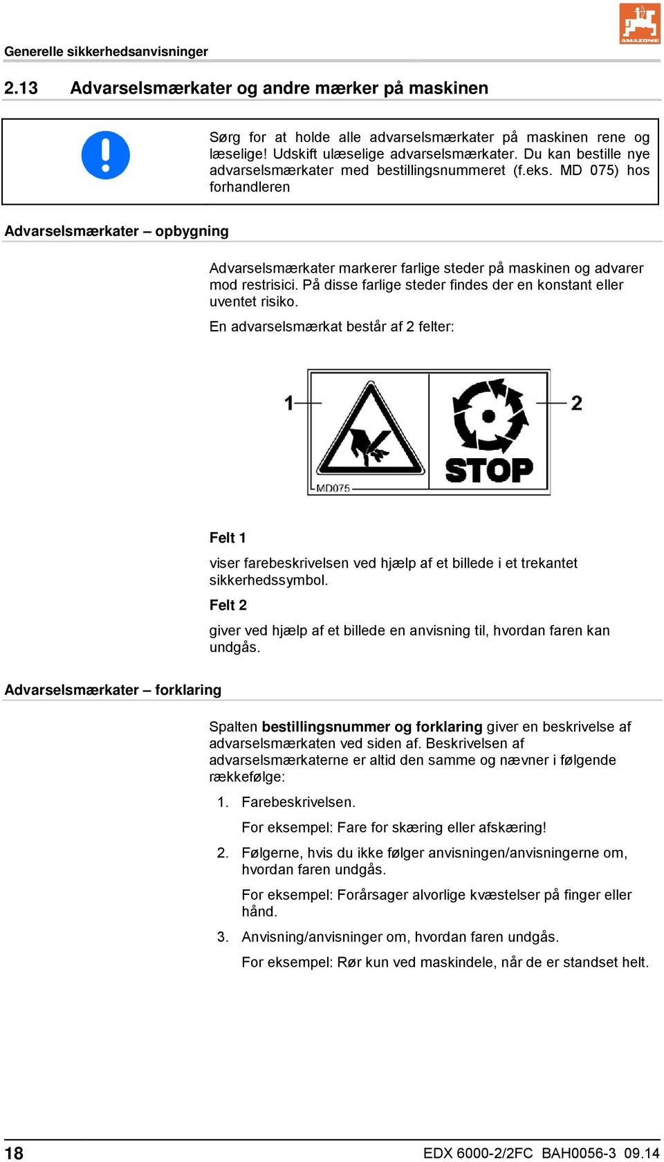MD 075) hos forhandleren Advarselsmærkater opbygning Advarselsmærkater markerer farlige steder på maskinen og advarer mod restrisici.