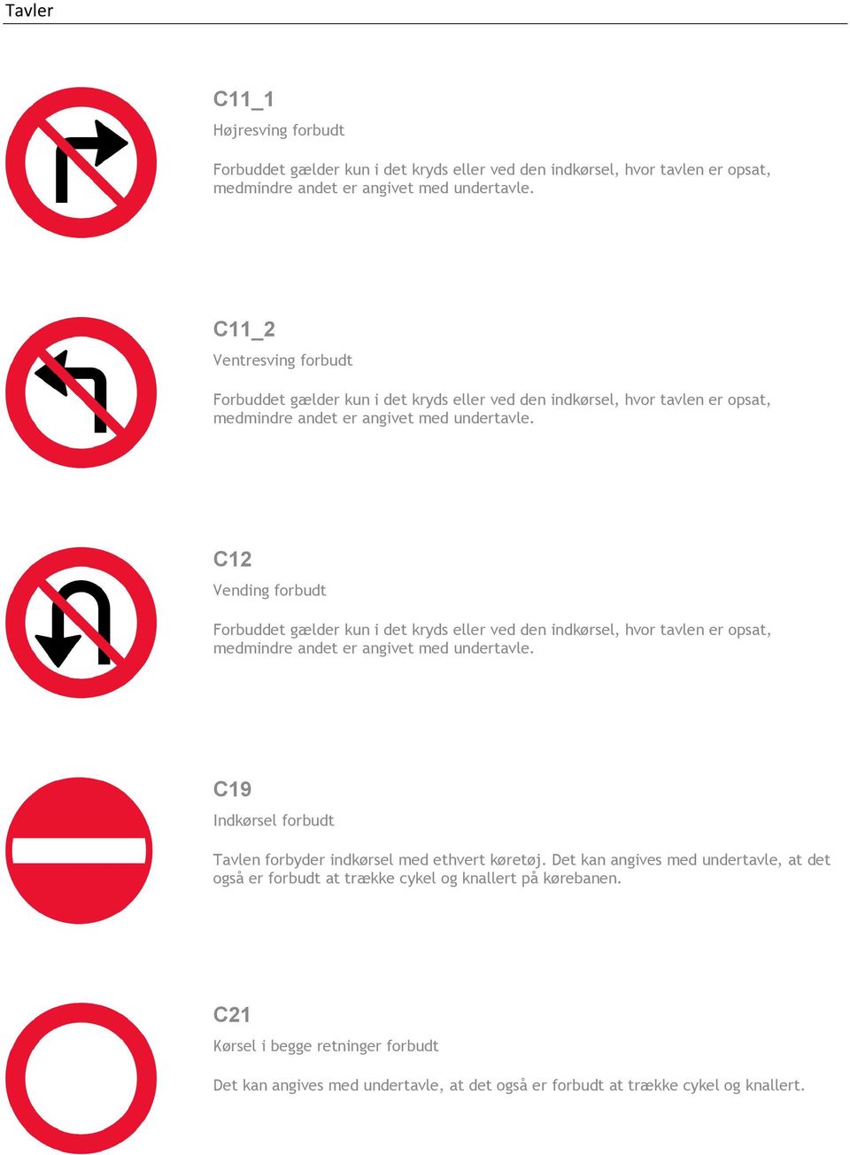 C12 Vending forbudt Forbuddet gælder kun i det kryds eller ved den indkørsel, hvor tavlen er opsat, medmindre andet er angivet med undertavle.