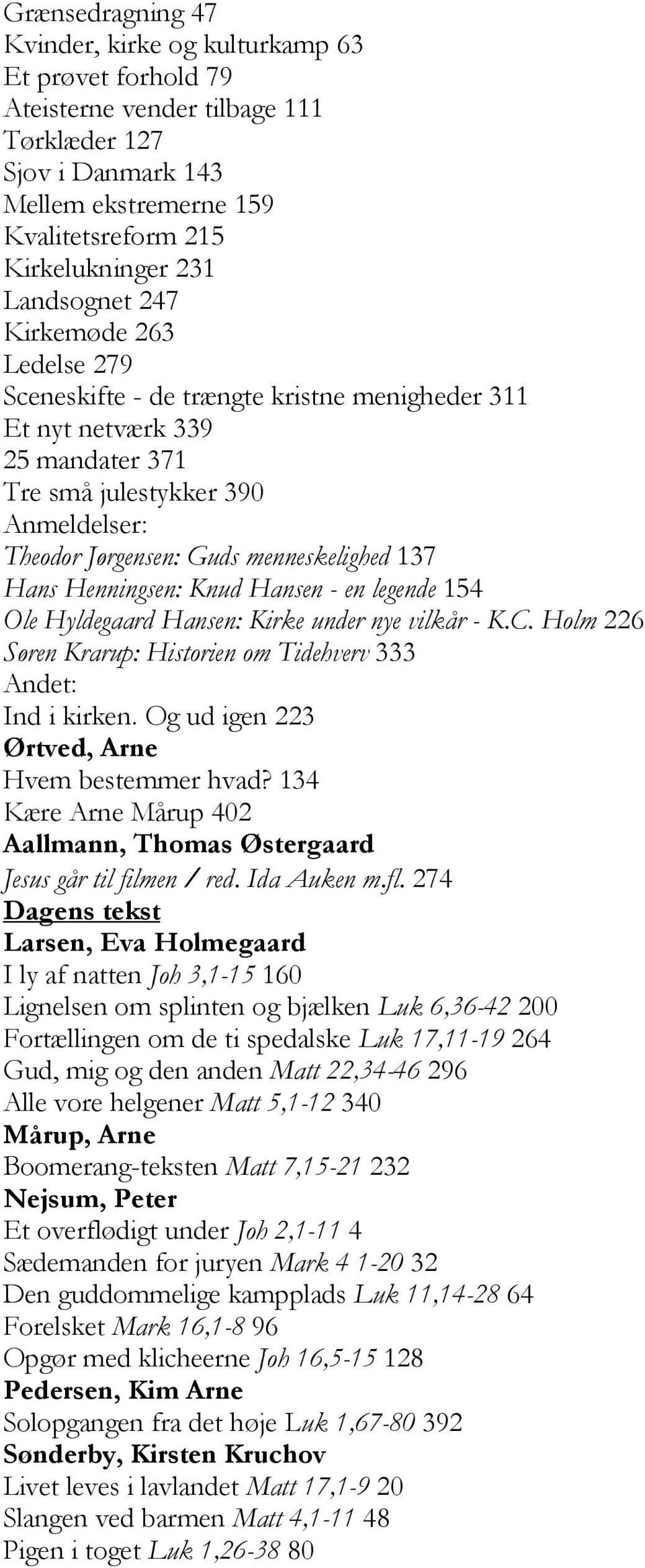 137 Hans Henningsen: Knud Hansen - en legende 154 Ole Hyldegaard Hansen: Kirke under nye vilkår - K.C. Holm 226 Søren Krarup: Historien om Tidehverv 333 Andet: Ind i kirken.