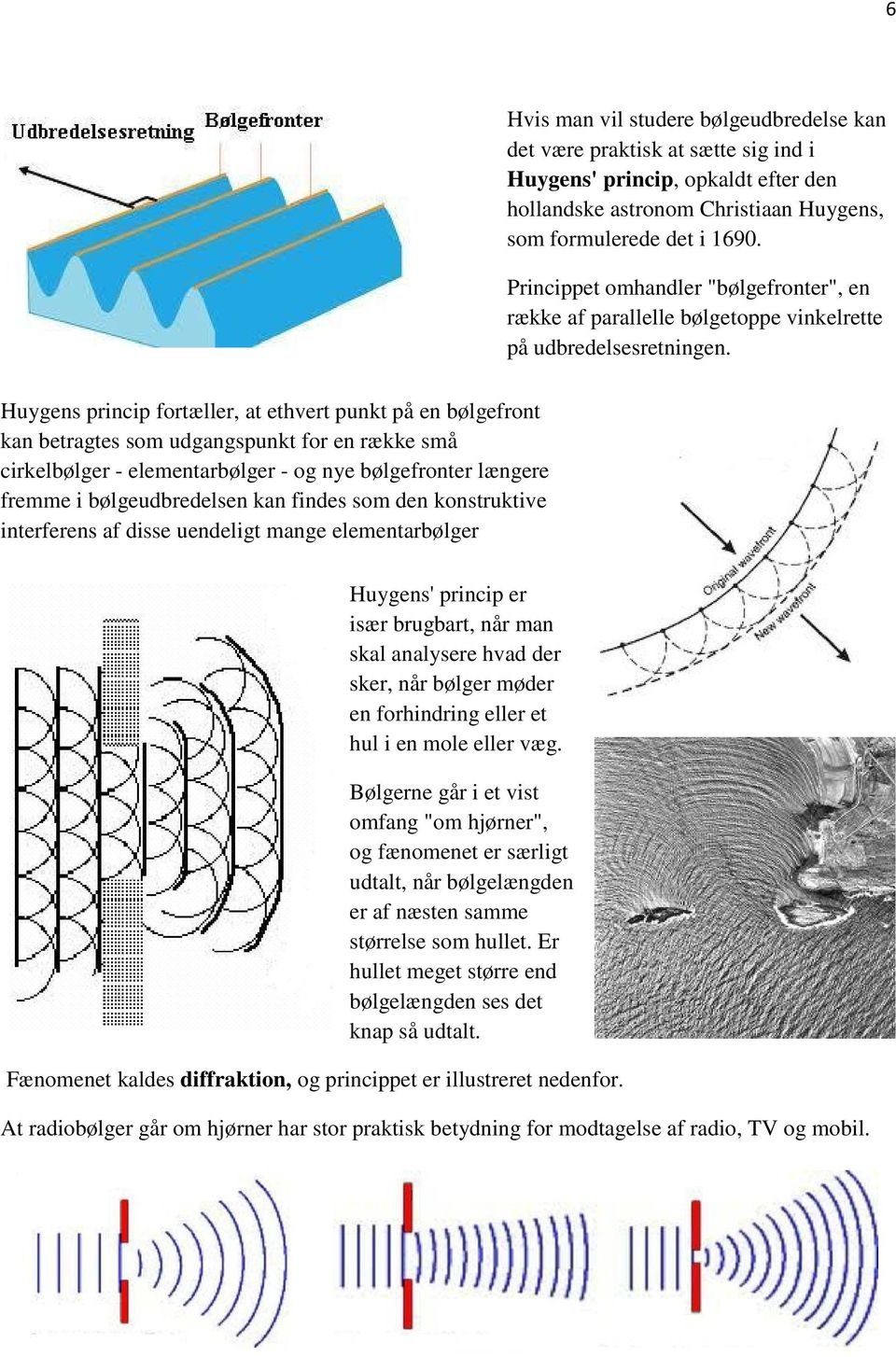 Huygens princip fortæller, at ethvert punkt på en bølgefront kan betragtes som udgangspunkt for en række små cirkelbølger - elementarbølger - og nye bølgefronter længere fremme i bølgeudbredelsen kan