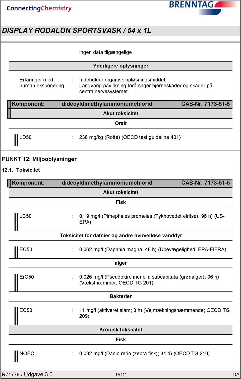 7173-51-5 Akut toksicitet Fisk LC50 : 0,19 mg/l (Pimephales promelas (Tykhovedet elritse); 96 h) (US- EPA) Toksicitet for dafnier og andre hvirvelløse vanddyr EC50 : 0,062 mg/l (Daphnia magna; 48 h)
