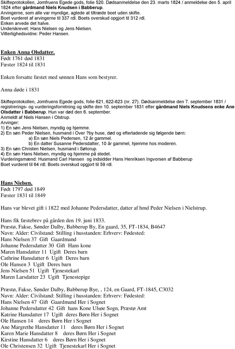 Underskrevet: Hans Nielsen og Jens Nielsen. Vitterlighedsvidne: Peder Hansen. Enken Anna Olsdatter. 1761 død 1831 Fæster 1824 til 1831 Enken forsatte fæstet med sønnen Hans som bestyrer.