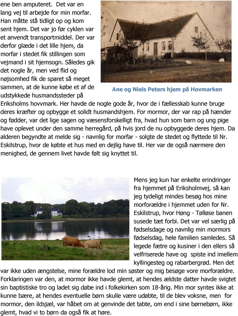 Således gik det nogle år, men ved flid og nøjsomhed fik de sparet så meget sammen, at de kunne købe et af de Ane og Niels Peters hjem på Hovmarken udstykkede husmandssteder på Eriksholms hovvmark.