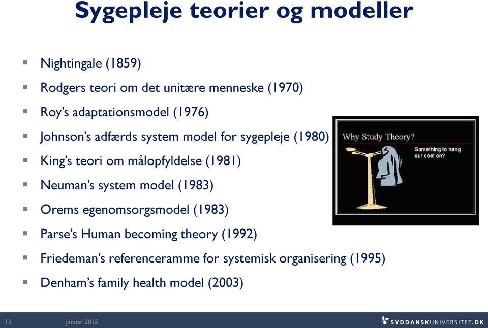 målopfyldelse (1981) Neuman s system model (1983) Orems egenomsorgsmodel (1983) Parse s Human