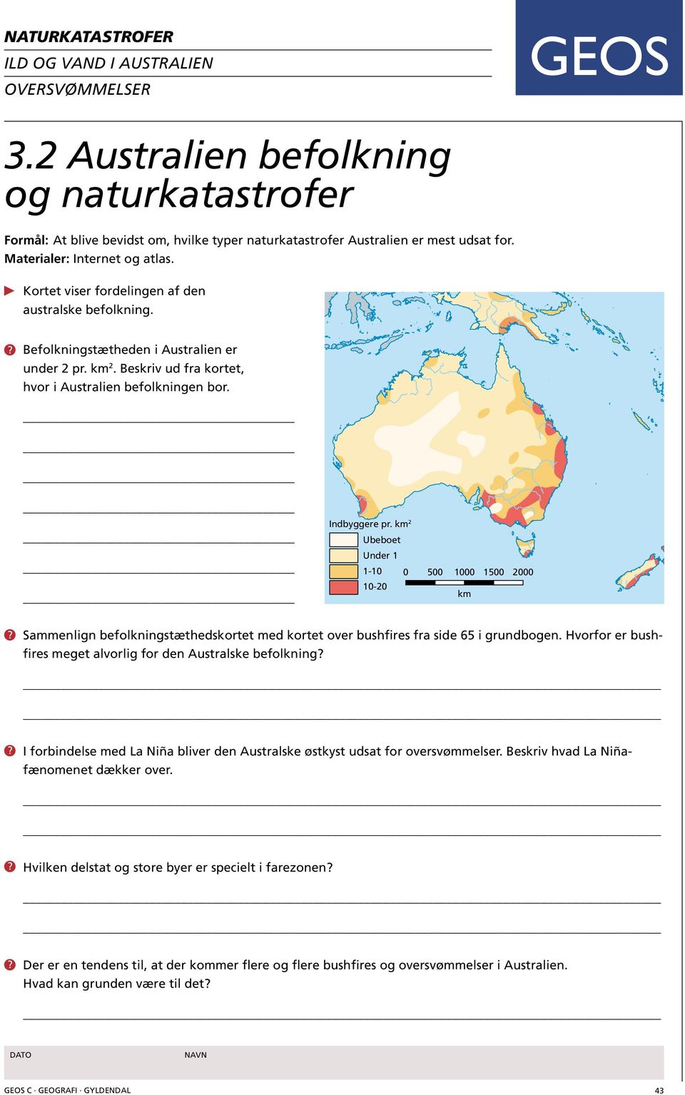 Indbyggere pr. km 2 Ubeboet Under 1 1-10 10-20 0 500 1000 km 1500 2000 Sammenlign befolkningstæthedskortet med kortet over bushfires fra side 65 i grundbogen.