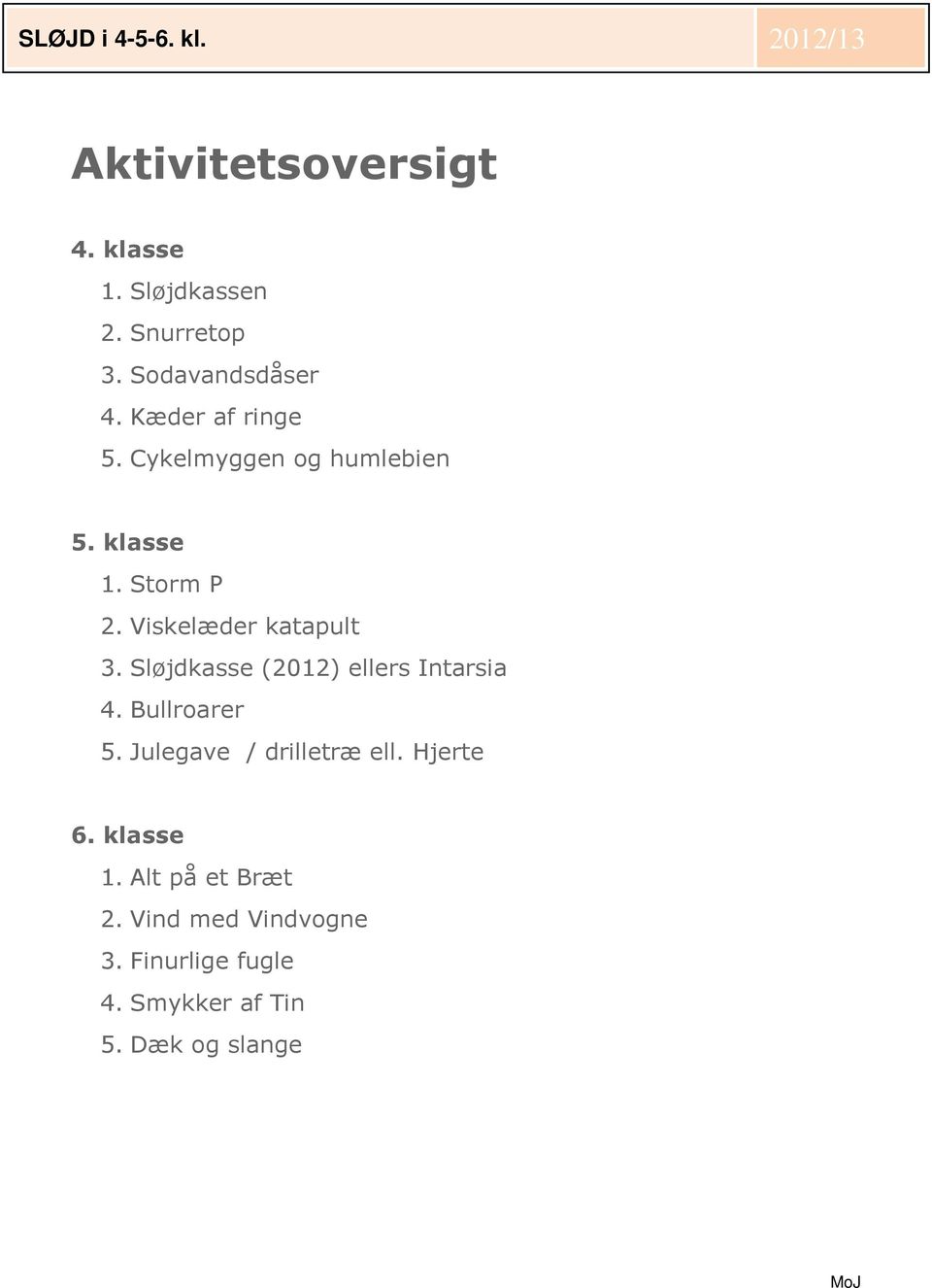 Sløjdkasse (2012) ellers Intarsia 4. Bullroarer 5. Julegave / drilletræ ell. Hjerte 6.