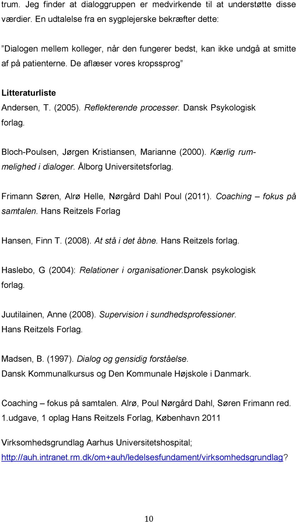 (2005). Reflekterende processer. Dansk Psykologisk forlag. Bloch-Poulsen, Jørgen Kristiansen, Marianne (2000). Kærlig rummelighed i dialoger. Ålborg Universitetsforlag.