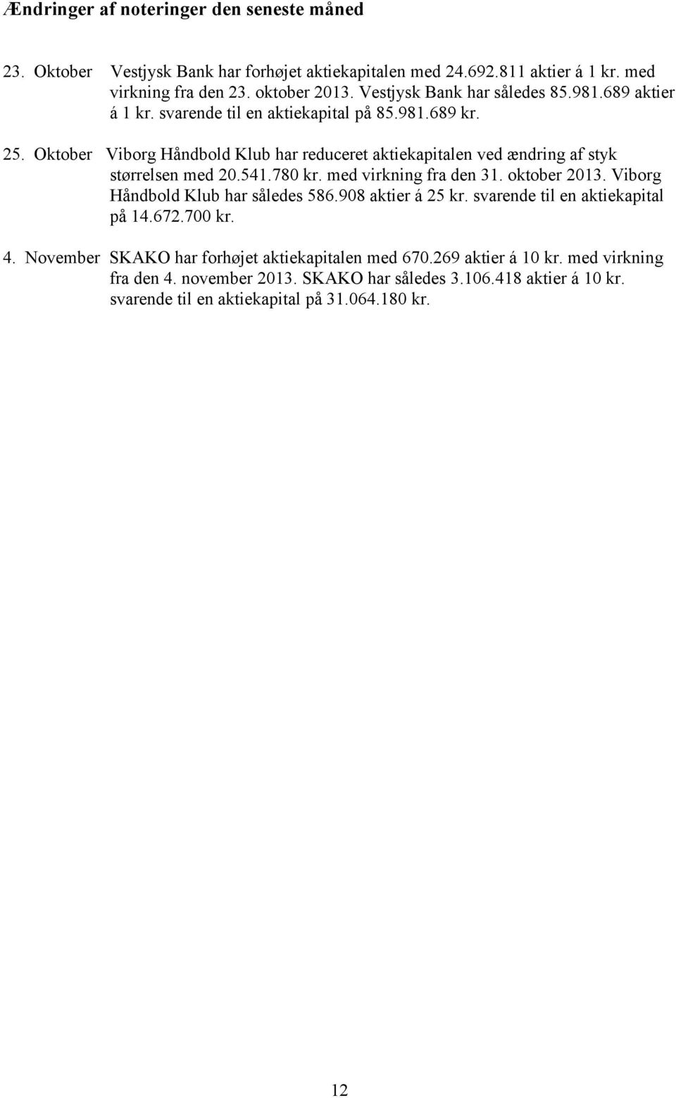 Oktober Viborg Håndbold Klub har reduceret aktiekapitalen ved ændring af styk størrelsen med 20.541.780 kr. med virkning fra den 31. oktober 2013.