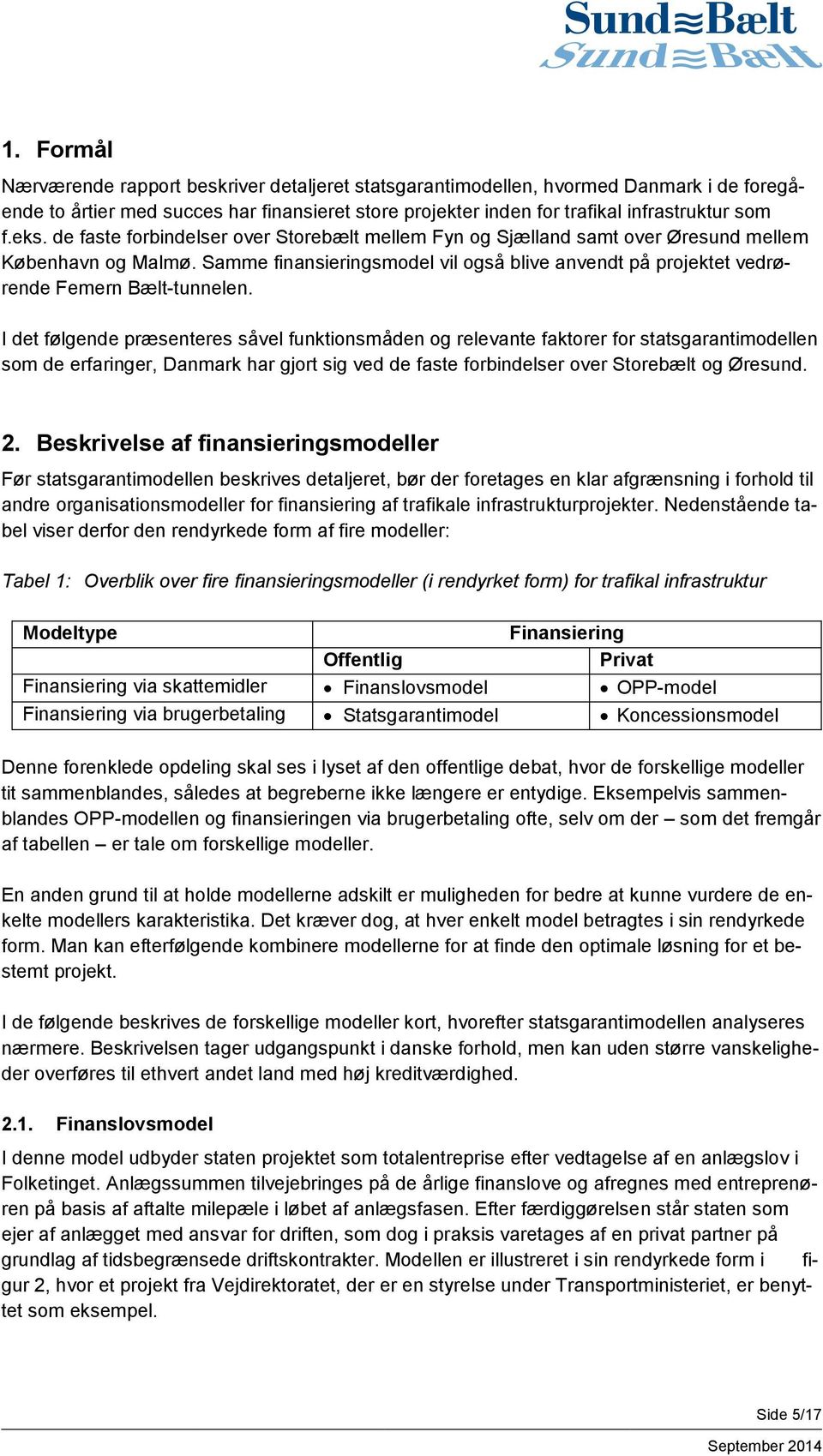 I det følgende præsenteres såvel funktionsmåden og relevante faktorer for statsgarantimodellen som de erfaringer, Danmark har gjort sig ved de faste forbindelser over Storebælt og Øresund. 2.