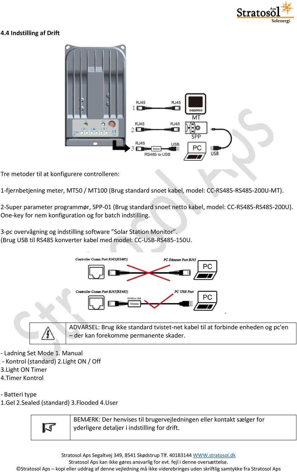 3-pc overvågning og indstilling software Solar Station Monitor. (Brug USB til RS485 konverter kabel med model: CC-USB-RS485-150U. - Ladning Set Mode 1. Manual - Kontrol (standard) 2.Light ON / Off 3.