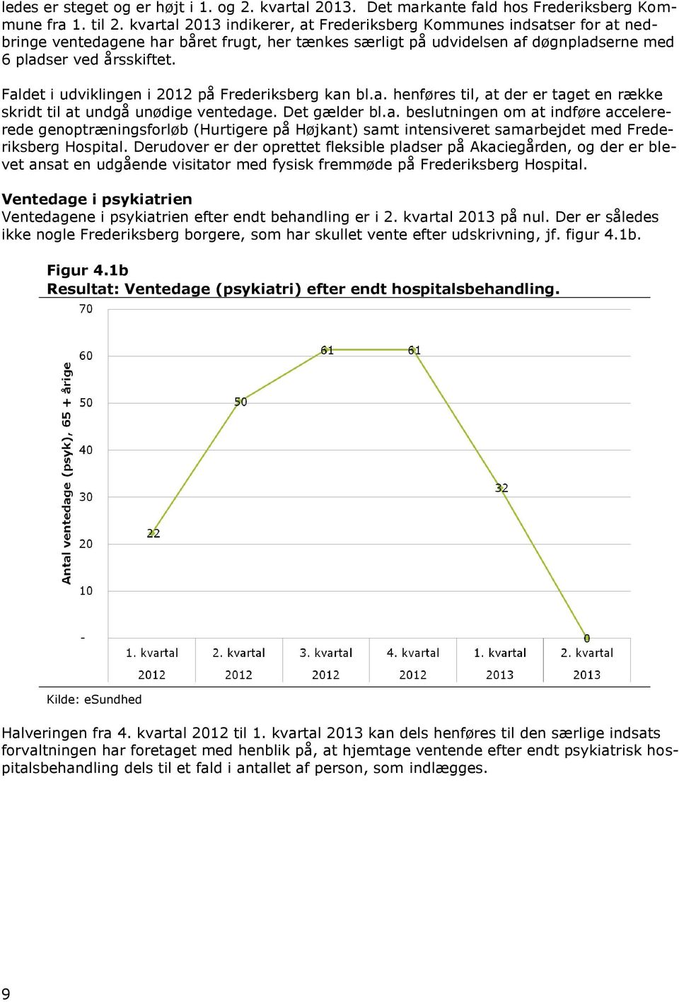 Faldet i udviklingen i 2012 på Frederiksberg kan bl.a. henføres til, at der er taget en række skridt til at undgå unødige ventedage. Det gælder bl.a. beslutningen om at indføre accelererede genoptræningsforløb (Hurtigere på Højkant) samt intensiveret samarbejdet med Frederiksberg Hospital.