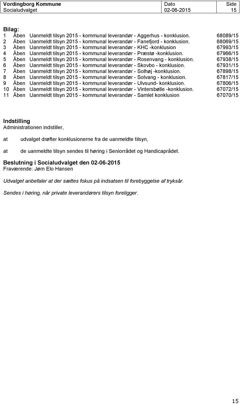 68069/15 3 Åben Uanmeldt tilsyn 2015 - kommunal leverandør - KHC -konklusion 67993/15 4 Åben Uanmeldt tilsyn 2015 - kommunal leverandør - Præstø -konklusion.
