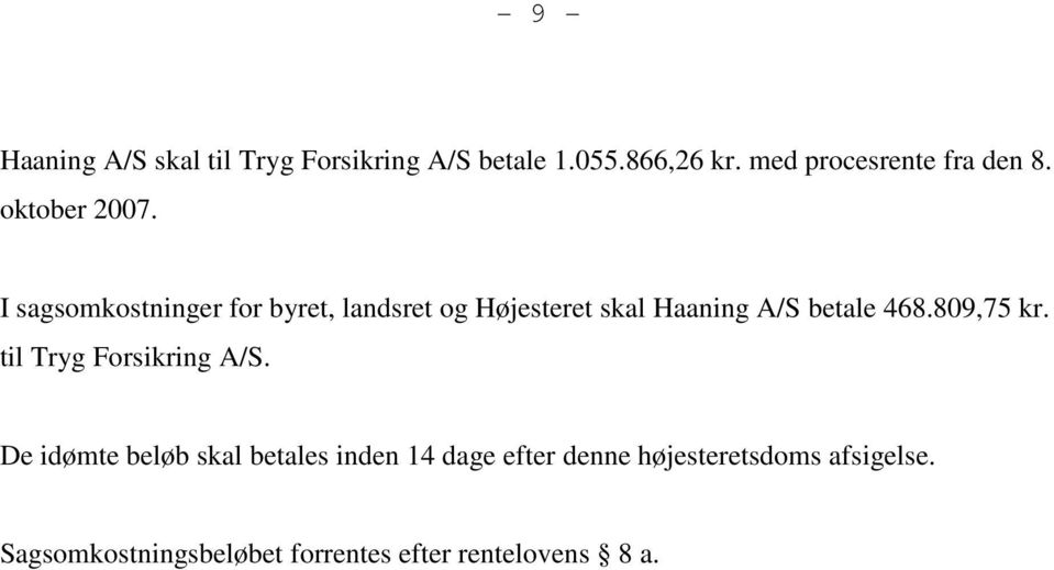 I sagsomkostninger for byret, landsret og Højesteret skal Haaning A/S betale 468.809,75 kr.