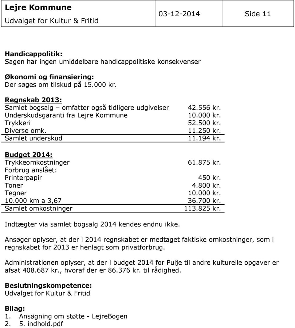 Budget 2014: Trykkeomkostninger 61.875 kr. Forbrug anslået: Printerpapir 450 kr. Toner 4.800 kr. Tegner 10.000 kr. 10.000 km a 3,67 36.700 kr. Samlet omkostninger 113.825 kr.