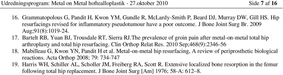 The prevalence of groin pain after metal-on-metal total hip arthroplasty and total hip resurfacing. Clin Orthop Relat Res. 2010 Sep;468(9):2346-56 18. Mabilleau G, Kwon YN, Pandit H et al.