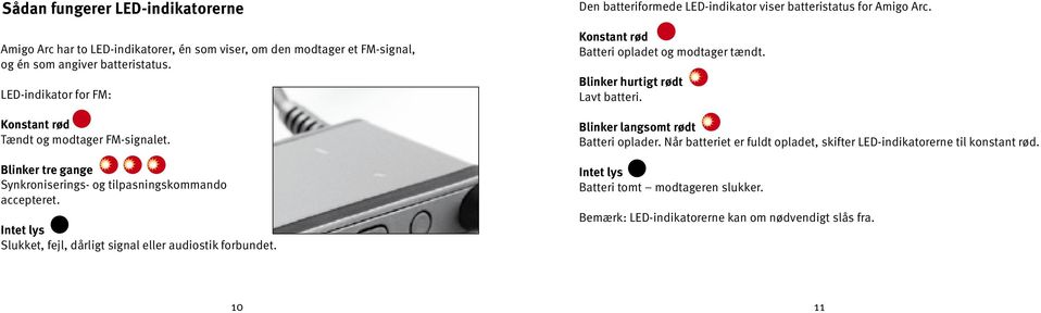 Intet lys Slukket, fejl, dårligt signal eller audiostik forbundet. Den batteriformede LED-indikator Å viser batteristatus for Amigo Arc. Konstant rød Batteri opladet og modtager tændt.
