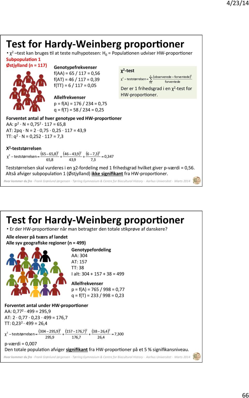 117 = 43,9 : q 2 N = 0,252 117 = 7,3 χ 2 - test K 2 2 ( observerede forventede ) χ teststørrelsen = i= 1 forventede Der er 1 frihedsgrad i en χ 2 - test for HW- propor oner.