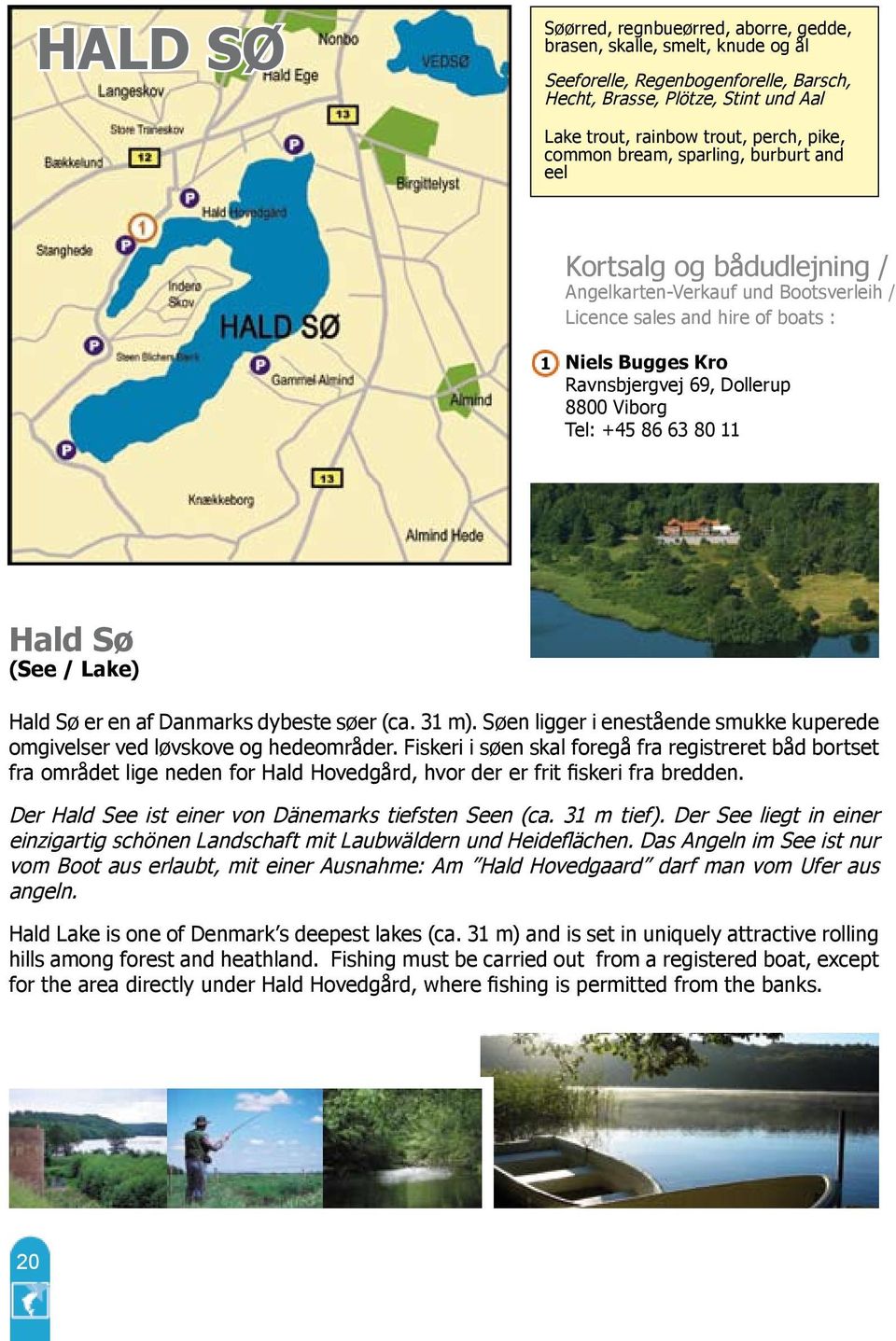 Tel: +45 86 63 80 11 Hald Sø (See / Lake) Hald Sø er en af Danmarks dybeste søer (ca. 31 m). Søen ligger i enestående smukke kuperede omgivelser ved løvskove og hedeområder.
