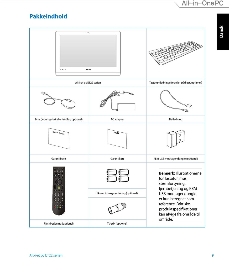 vægmontering (optionel) TV-stik (optionel) Bemærk: Illustrationerne for Tastatur, mus, strømforsyning, fjernbetjening og KBM USB