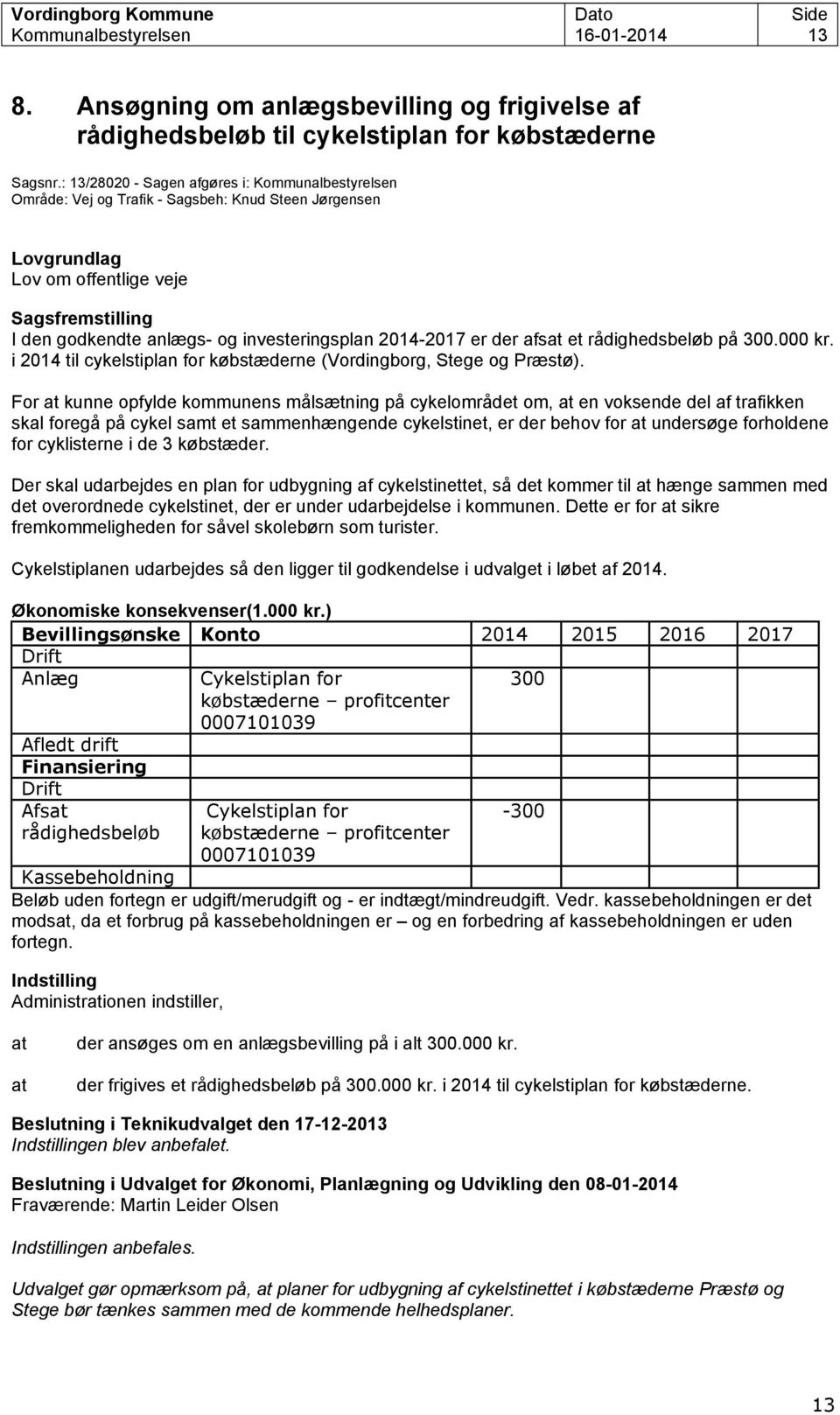 rådighedsbeløb på 300.000 kr. i 2014 til cykelstiplan for købstæderne (Vordingborg, Stege og Præstø).