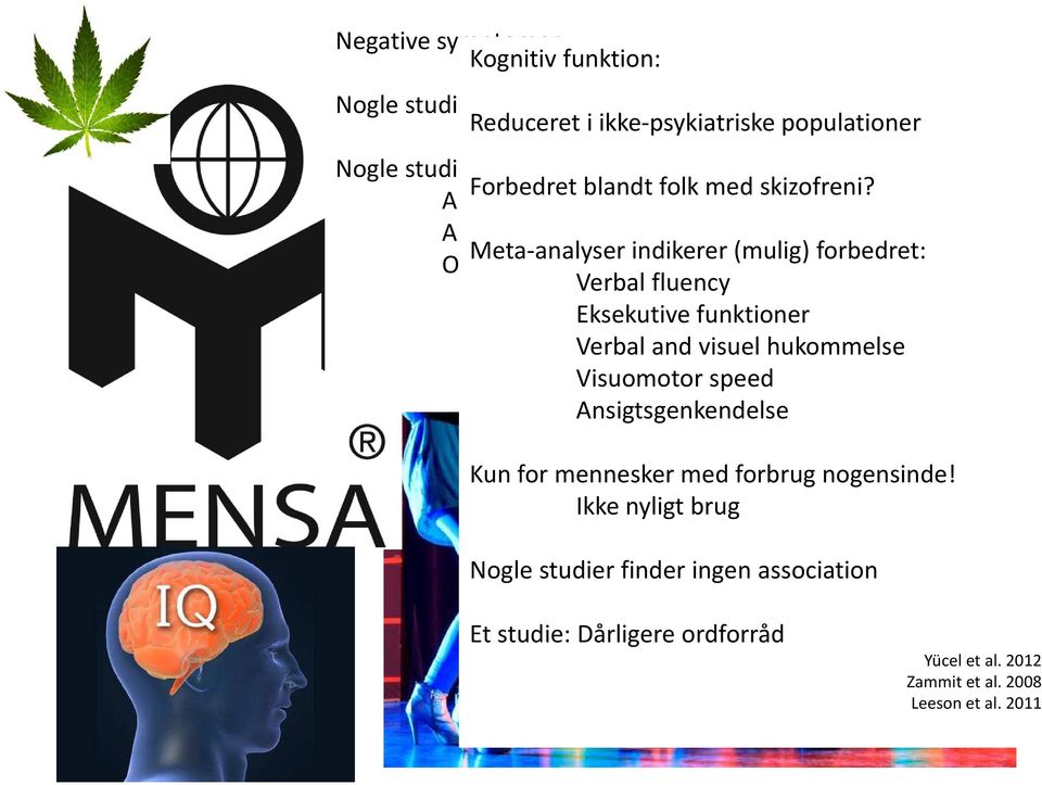 14,9 (SANS) Meta-analyser indikerer (mulig) forbedret: OR ~ 0,5 for prominente negative symptomer Verbal fluency Eksekutive funktioner Verbal and visuel hukommelse