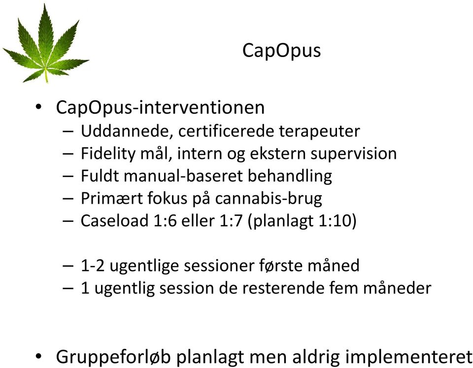 cannabis-brug Caseload 1:6 eller 1:7 (planlagt 1:10) 1-2 ugentlige sessioner første