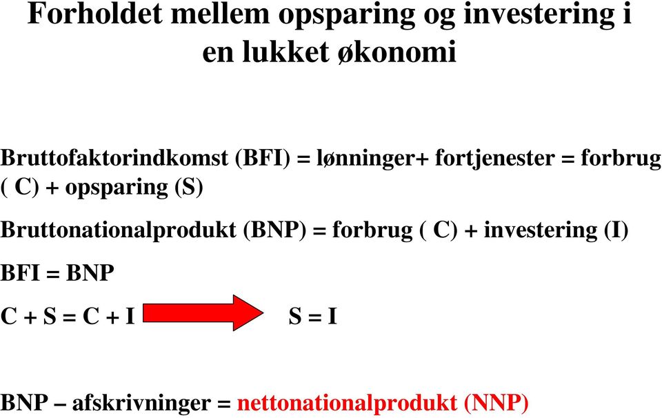 opsparing (S) Bruttonationalprodukt (BNP) = forbrug ( C) + investering
