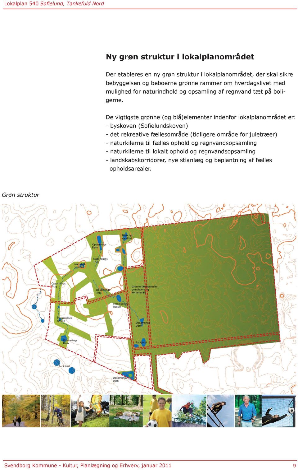 De vigtigste grønne (og blå)elementer indenfor lokalplanområdet er: - byskoven (Sofielundskoven) - det rekreative fællesområde (tidligere område for juletræer) -