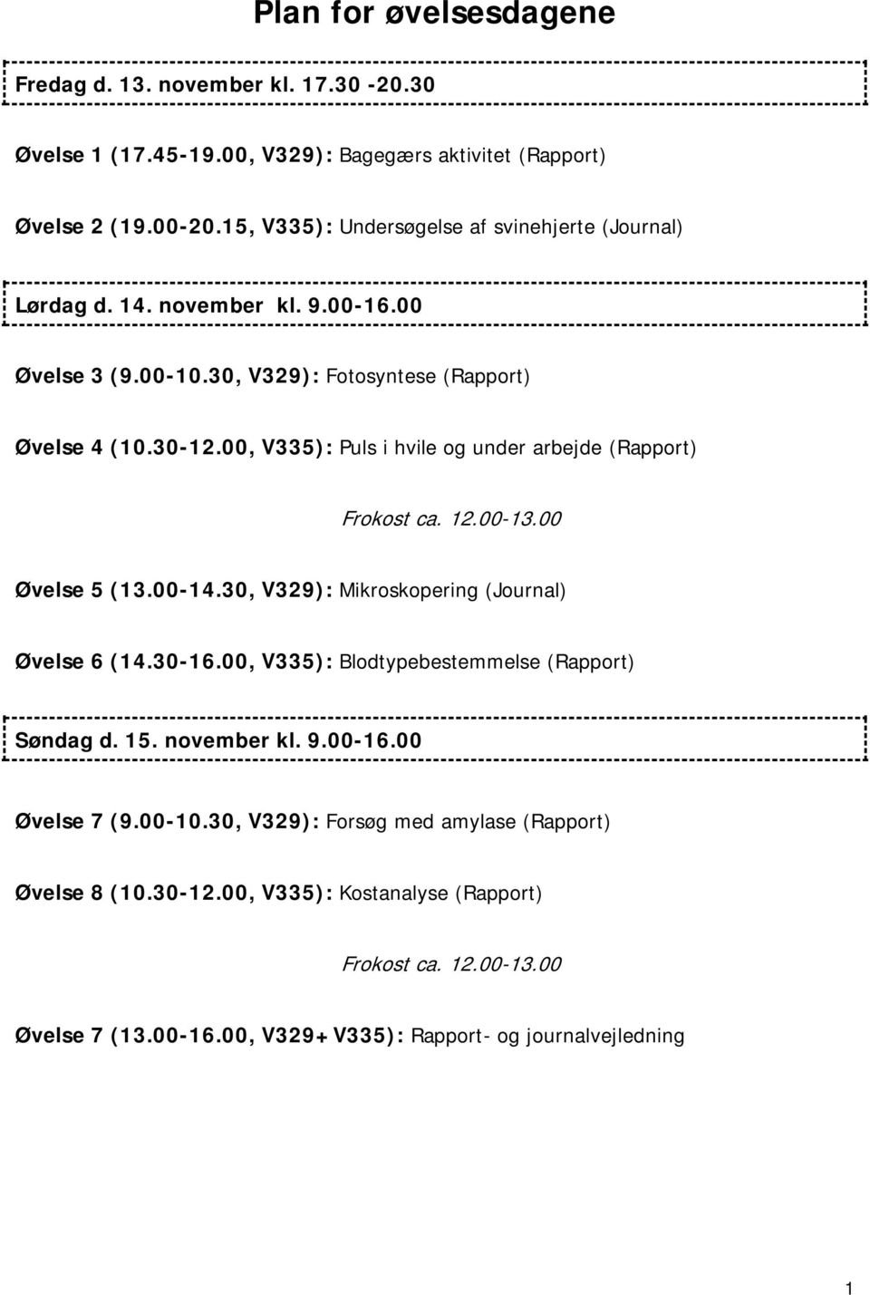 00, V335): Puls i hvile og under arbejde (Rapport) Frokost ca. 12.00-13.00 Øvelse 5 (13.00-14.30, V329): Mikroskopering (Journal) Øvelse 6 (14.30-16.