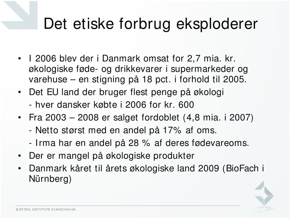 Det EU land der bruger flest penge på økologi - hver dansker købte i 2006 for kr. 600 Fra 2003 2008 er salget fordoblet (4,8 mia.