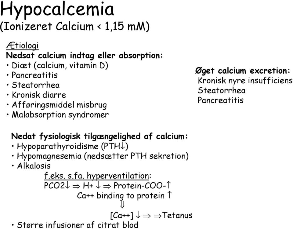 Steatorrhea Pancreatitis Nedat fysiologisk tilgængelighed af calcium: Hypoparathyroidisme (PTH ) Hypomagnesemia (nedsætter PTH