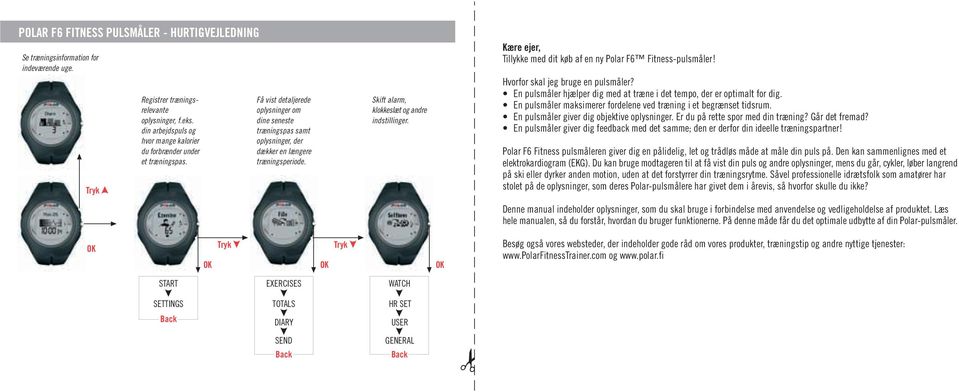 Skift alarm, klokkeslæt og andre indstillinger. Kære ejer, Tillykke med dit køb af en ny Polar F6 Fitness-pulsmåler! Hvorfor skal jeg bruge en pulsmåler?