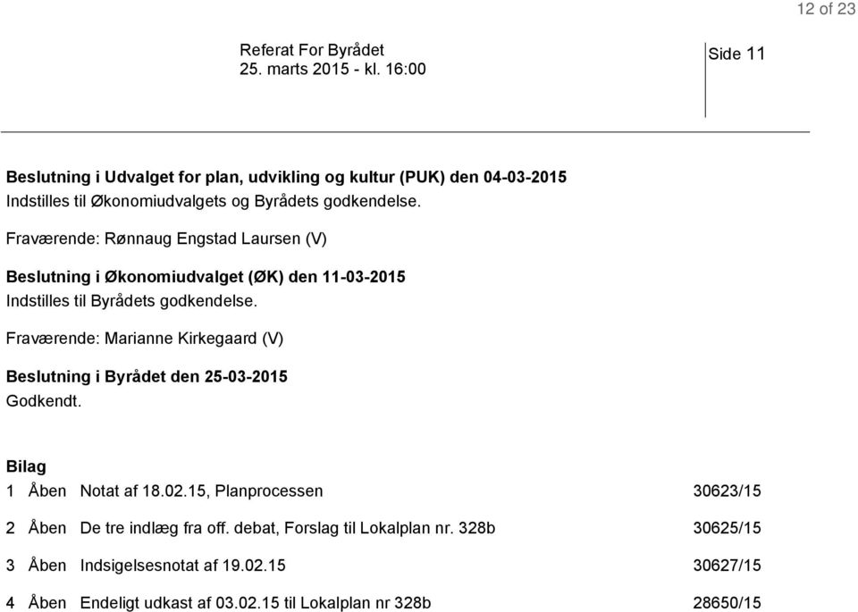Fraværende: Marianne Kirkegaard (V) Beslutning i Byrådet den 25-03-2015 Godkendt. Bilag 1 Åben Notat af 18.02.