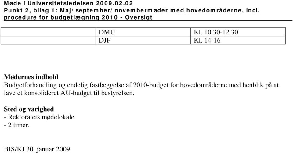 14-16 Mødernes indhold Budgetforhandling og endelig fastlæggelse af 2010-budget for