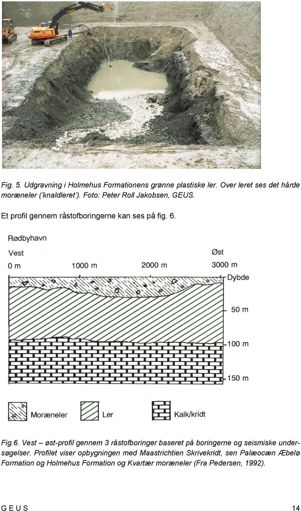 Fig.6. Vest øst-profil gennem 3 råstofboringer baseret på boringerne og seismiske undersøgelser.